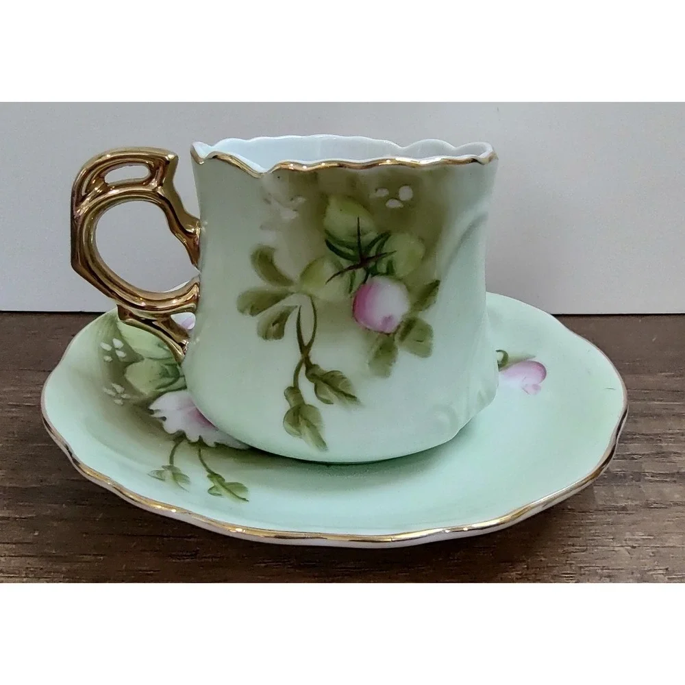 Vintage Lefton Heritage Green Hand Painted Teacup and Saucer #3057 1950's